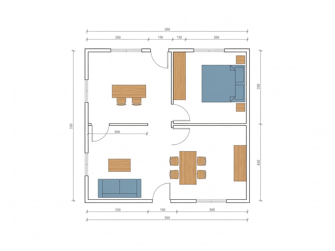 Furniture planner layout with sofa, bed, and kitchen footprints on a measured floor plan
