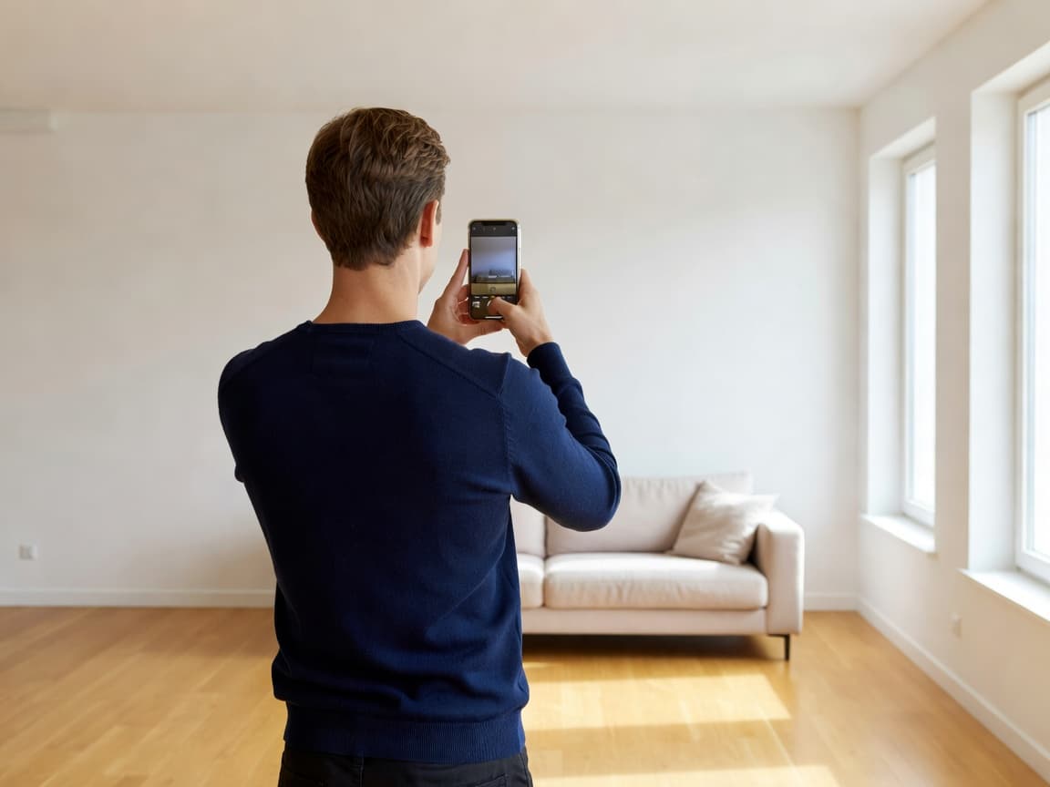 Person scanning a living room with the LiDAR room scanner on iPhone