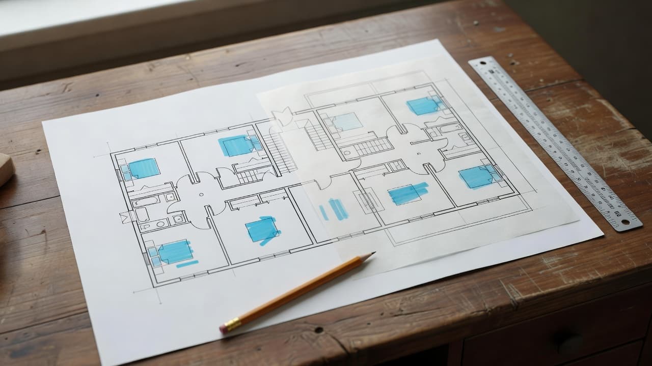 Printed floor plan photo being traced into an editable digital plan