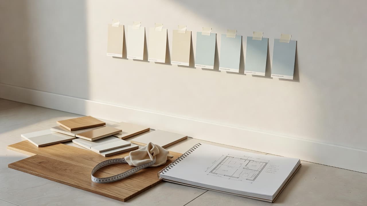Renovation planner with paint chips, flooring samples, and a room sketch