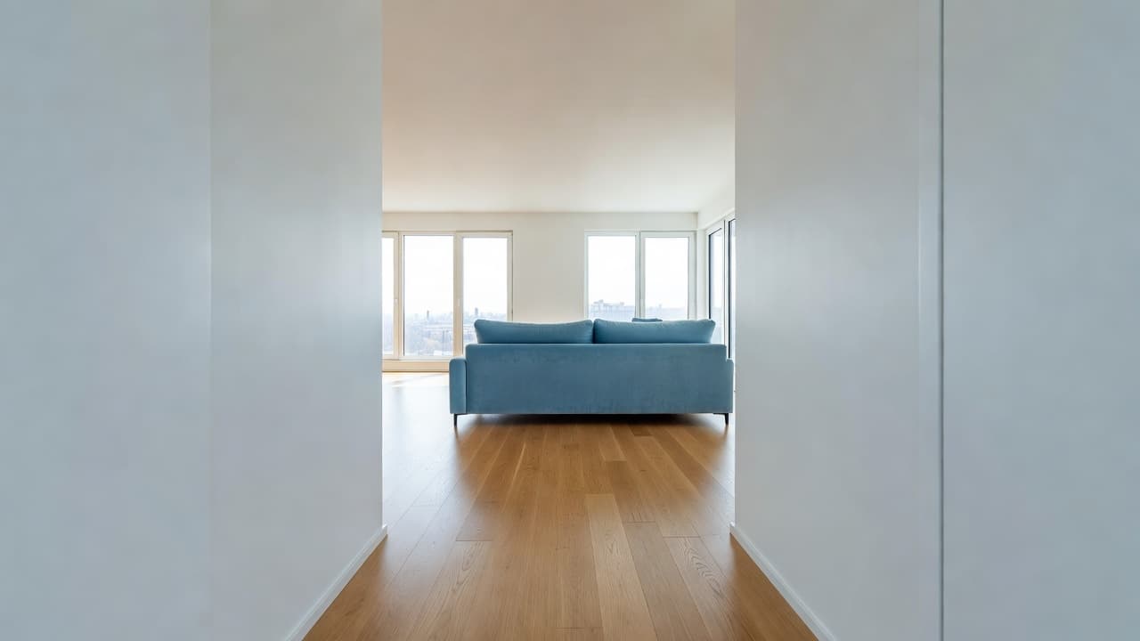 First-person 3D floor planner walkthrough looking into a living room
